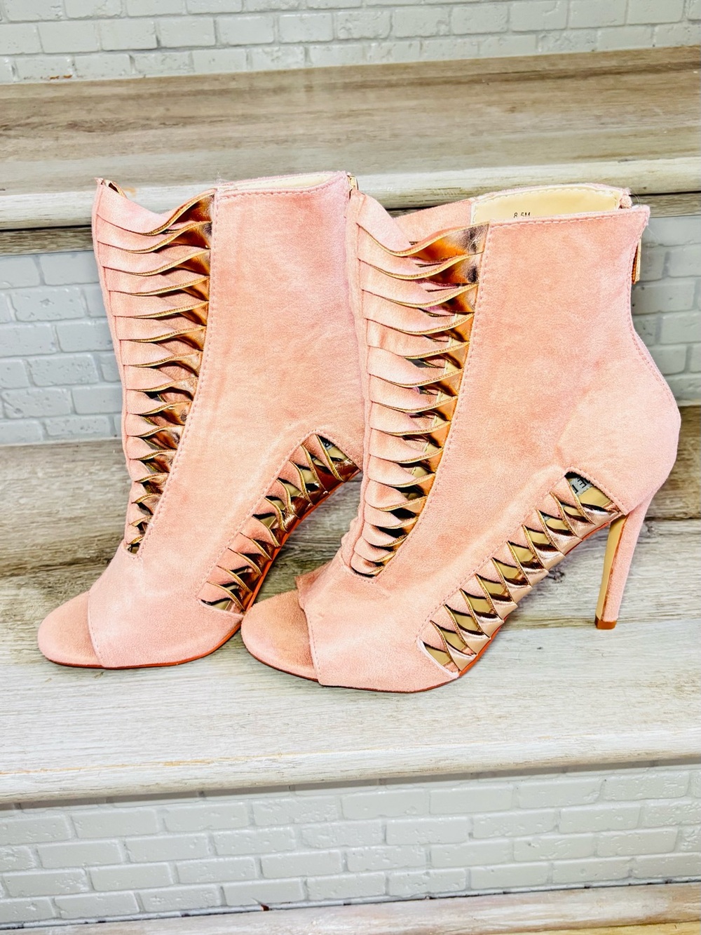 Cape Robbin Rose Gold & Pink Suede Cutout Metallic Peep-Toe Stiletto Booties NEW - Picture 15 of 16